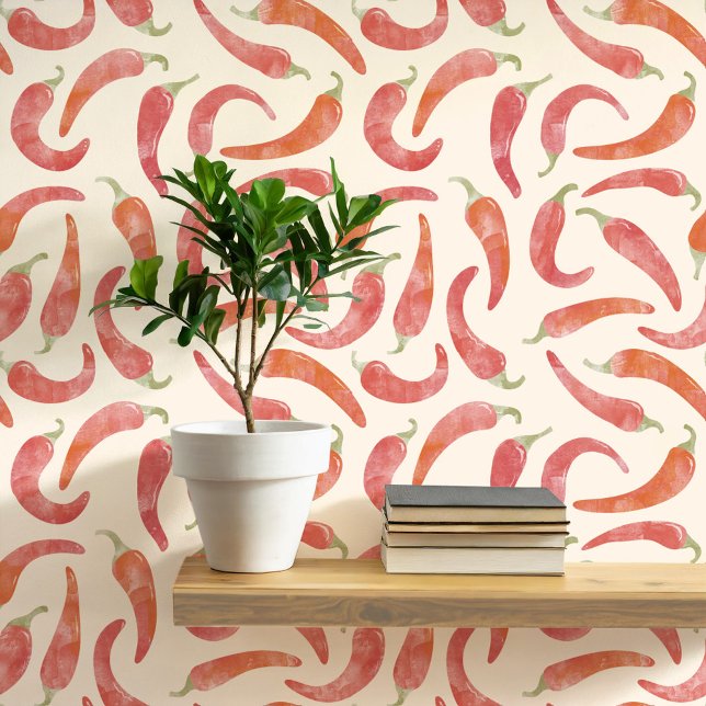 Papier Peint Watercolor Chili Pepper Red Cream (Hot and spicy red chili pepper watercolor pattern art wallpaper)