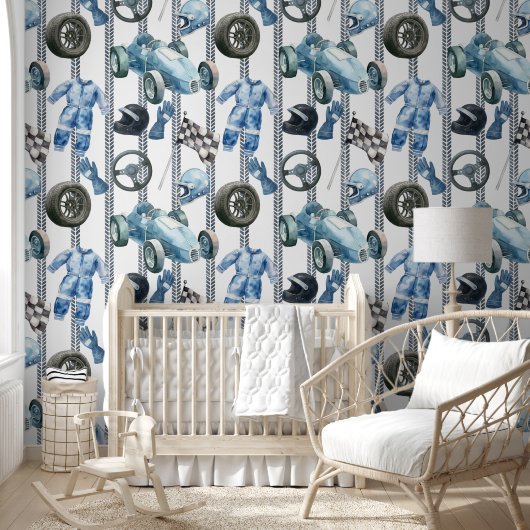 Papier Peint Watercolor Race Car & Gear Patter (Enfants)