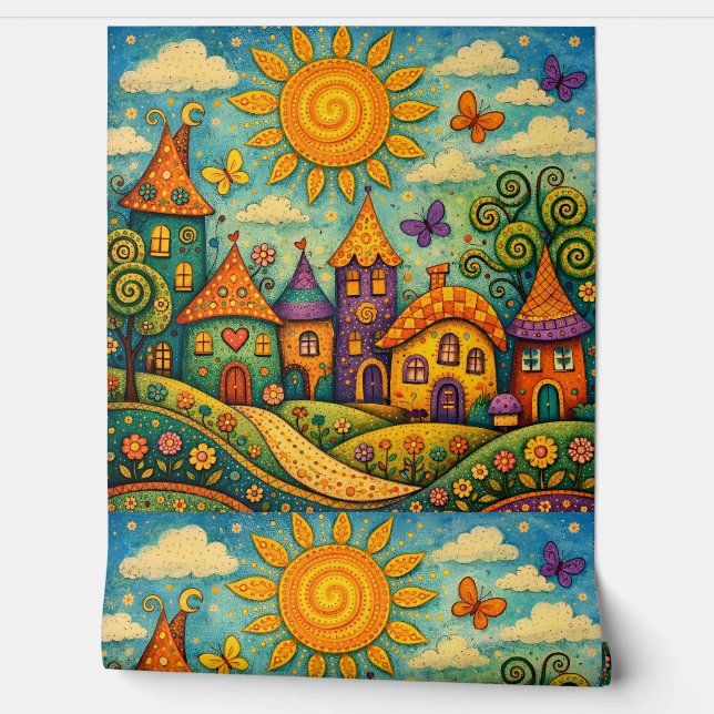 Papier Peint Whimsical Fairy Tale Village Colorful Canvas Art (Déroulement)