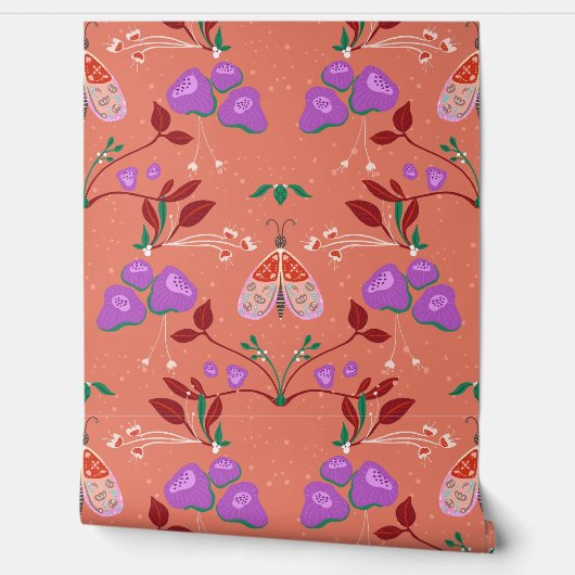 Papier Peint Whimsical Moth and Floral Pattern (Déroulement)