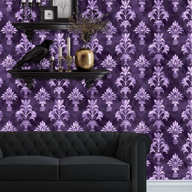 Papier Peint Whimsigoth Antique Style violet (Whimsigoth Dark Purple with Light Purple wallpaper behind a black couch and goth floating shelves)