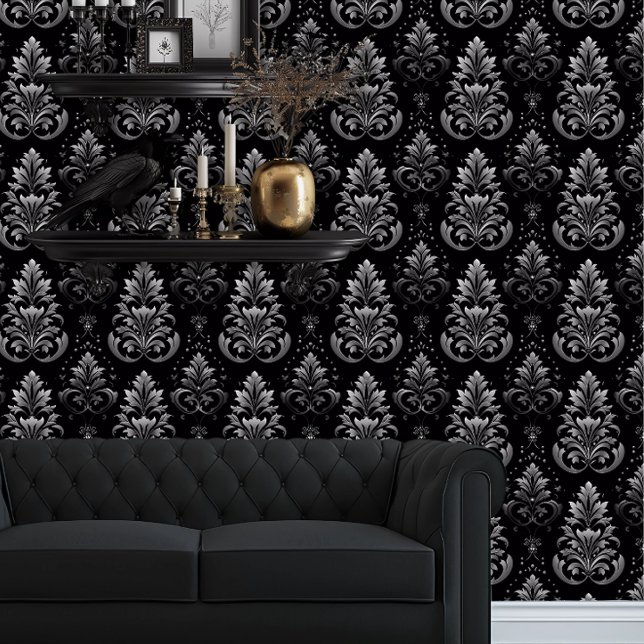 Papier Peint Whimsigoth Black and Silver Intricate (Whimsigoth Gray Damask on black wallpaper behind a black couch.)