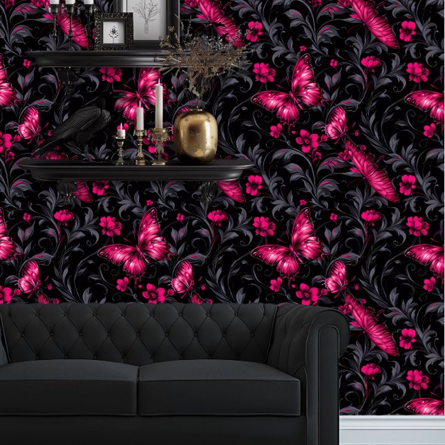 Papier Peint Whimsigoth Bright Magenta Butflies (Whimsigoth Magent Butterflies and Dark Damask wallpaper behind a black couch.)