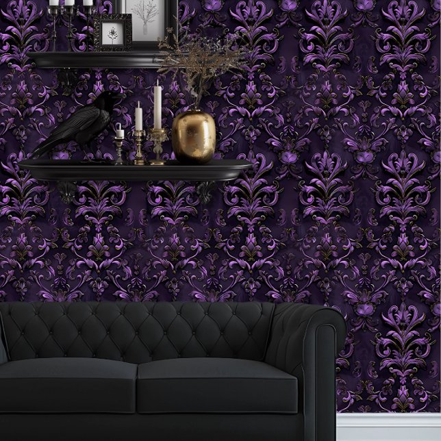 Papier Peint Whimsigoth Élégant violet profond (Whimsigoth Dark Purple & Black Damask wallpaper behind a black couch and black goth floating shelves)