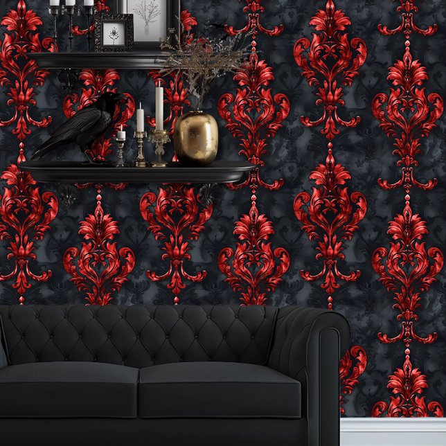 Papier Peint Whimsigoth rouge et noir élégant (Whimsigoth Black & Red Wallpaper behind a black couch and floating goth shelves.)