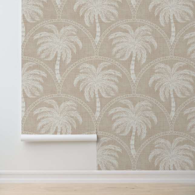 Papier Peint White Palm Trees on Beige Coastal Tropical Arches (Application)