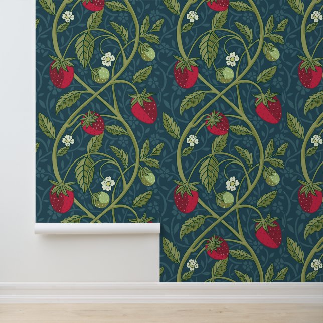 Papier Peint William Morris Style Jade & Red Strawberry Motif (Application)