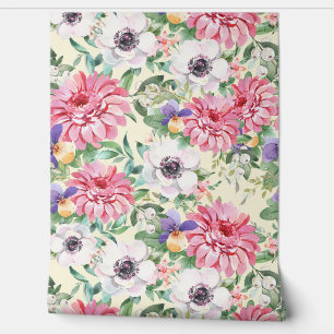 Papier Peint Zinnias Rose Floral Papillons blancs Pansies Verdu