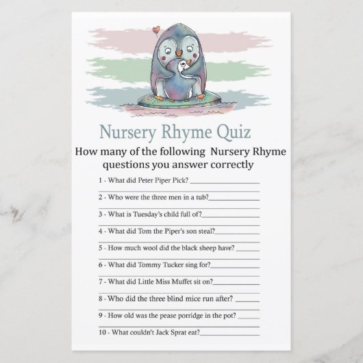Papier Penguin Nursery Rhyme Quiz jeu de baby shower (Devant)