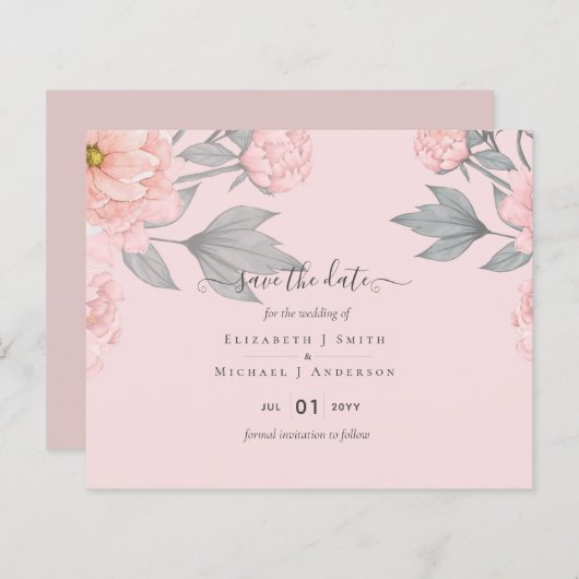 Papier PÉONIES BUDGÉTAIRES Mariage Peach Sage rose (Devant / Derrière)