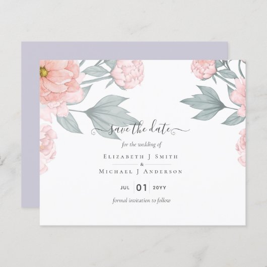 Papier PÉONIES BUDGÉTAIRES Mariage Peach Sage rose (Devant / Derrière)