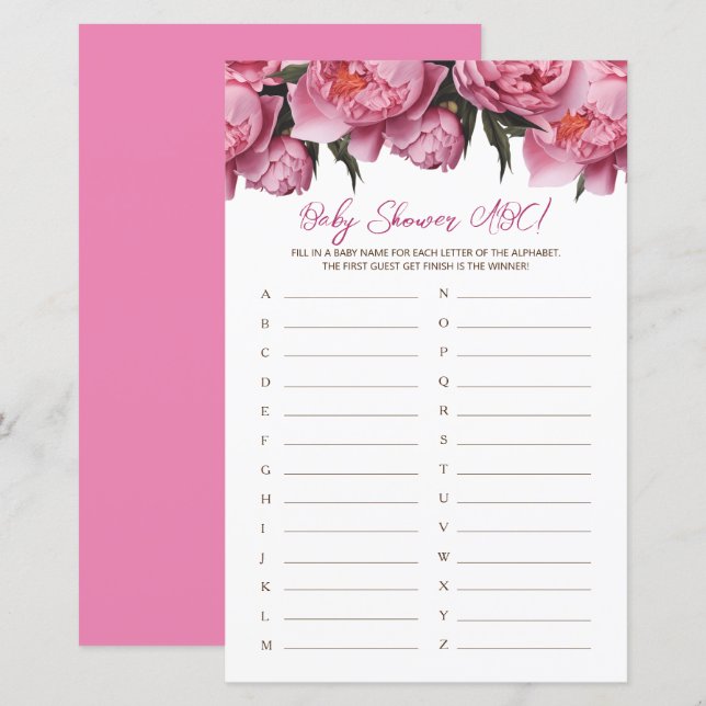 Papier Peonies roses Aquarelle Baby shower Jeu ABC (Devant / Derrière)