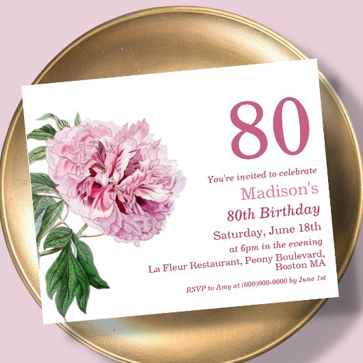 Papier Peony rose | 80e Invitation d'anniversaire du budg