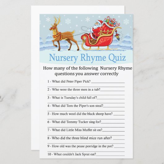 Papier Père Noël Sleigh Reindeer Nursery Rhyme Quiz jeu (Devant / Derrière)