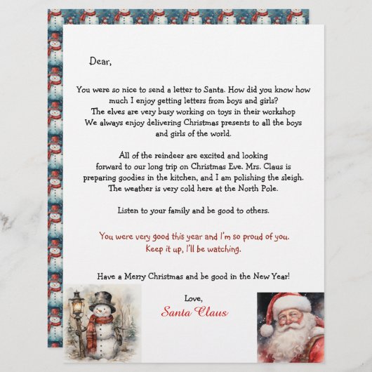 Papier Personalized Letter From Santa Snowman (Devant / Derrière)