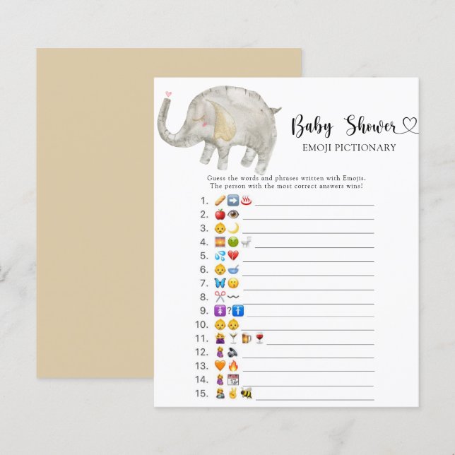 Papier Pet Éléphant jeu de pictionary avec émoji de douch (Devant / Derrière)