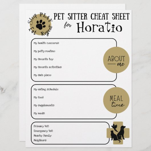 Papier Pet Sitter Cheat Sheet Paper Sheet (Devant / Derrière)