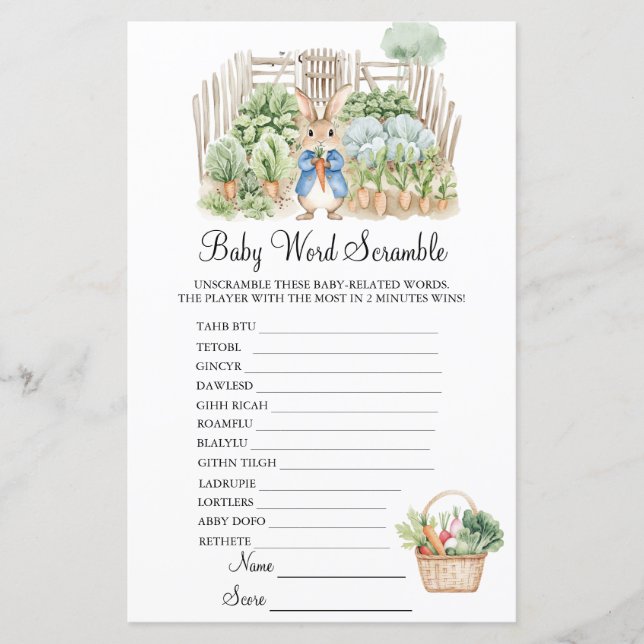 Papier Peter Rabbit Garden Scramble Baby shower Jeu (Devant)