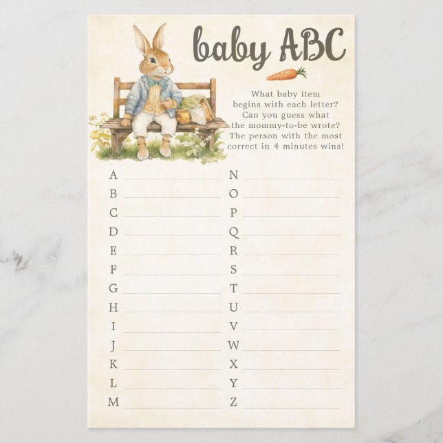 Papier Peter The Rabbit Baby shower ABC Game Card (Devant)