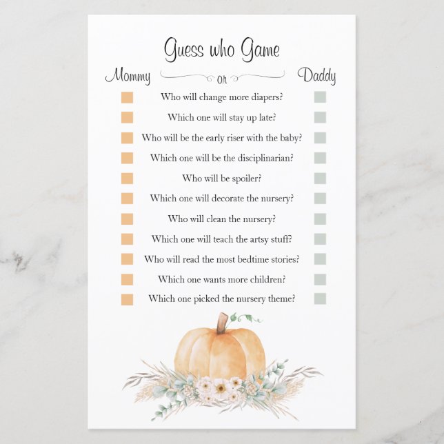 Papier Petit Baby shower Citrouille "Devinez Qui" Jeu (Devant)