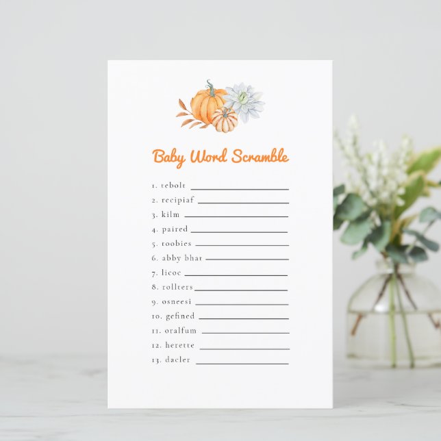 Papier Petit Baby shower Citrouille Word Scramble Jeu (Debout devant)