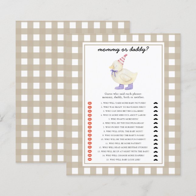 Papier Petit canard - jeu de baby shower maman ou papa (Devant / Derrière)