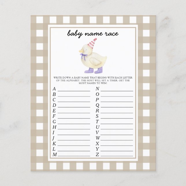 Papier Petit Canard - Jeu de course de noms de bébé (Devant)