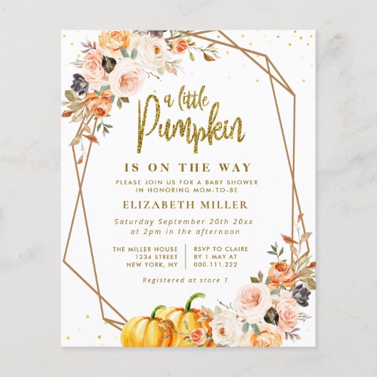 Papier petit citrouille or blush baby shower floral invit (Devant)
