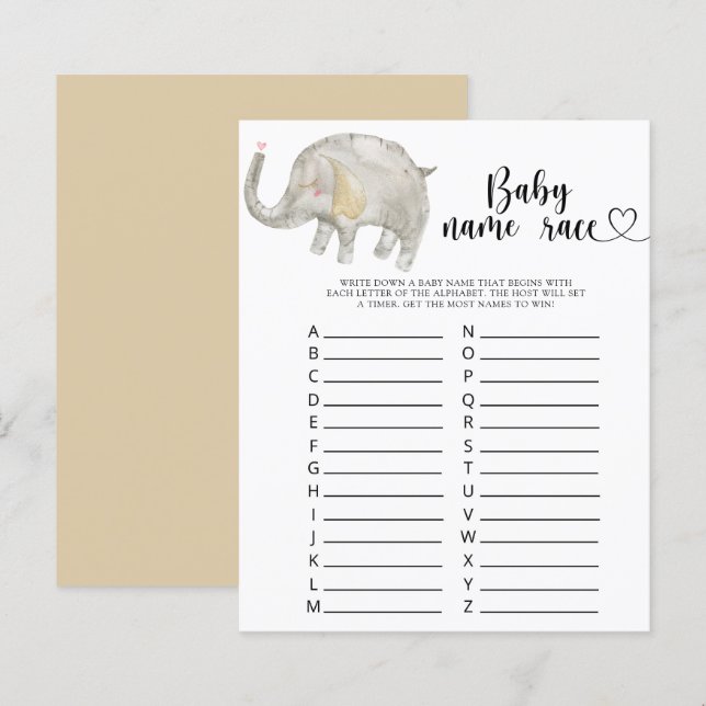 Papier Petit éléphant - Jeu de course de noms de bébé (Devant / Derrière)