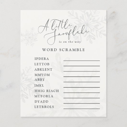 Papier petit flocon d'hiver baby shower mot scramble (Devant)