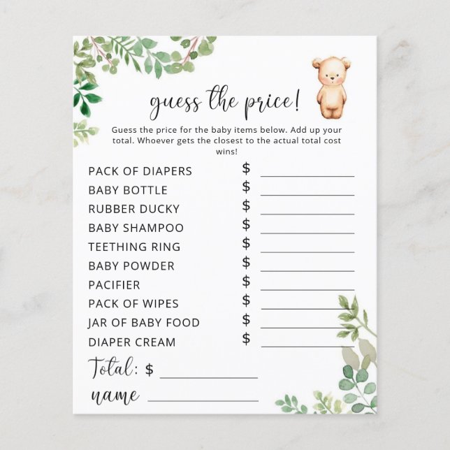 Papier Petit jeu de devinette de prix d'ours (Devant)