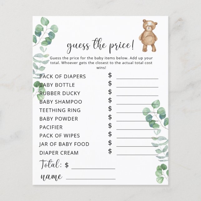 Papier Petit jeu de devinette de prix d'ours (Devant)
