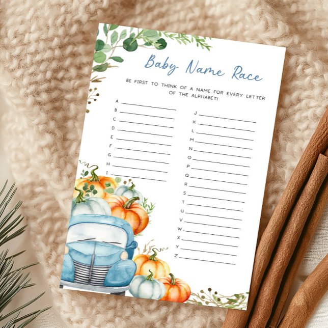 Papier Petit jeu de nom de bébé camion bleu citrouille (Fall Pumpkin Blue Truck Baby Shower Baby Name Race Game)