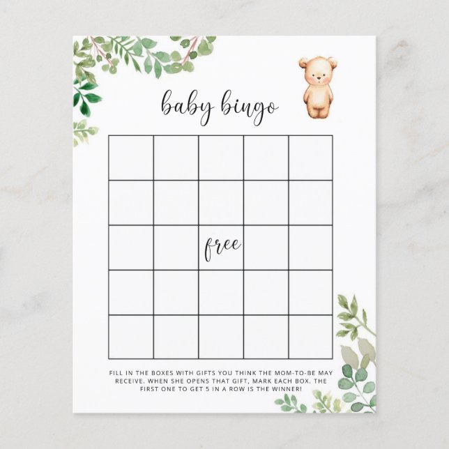 Papier Petit ours Baby shower jeu de bingo (Devant)