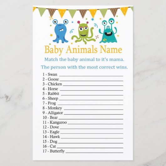 Papier Petits monstres mignons Bébé Animaux Nom Jeu (Devant)