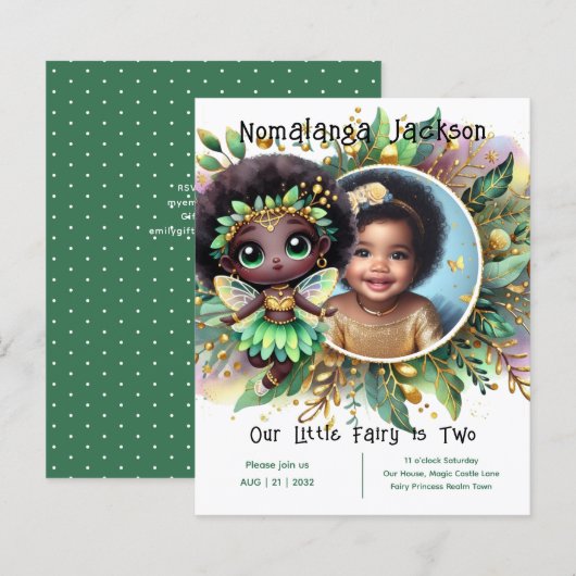 Papier Photo Anniversaire Little Black Fairy Green Gold (Devant / Derrière)