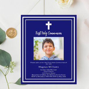 Papier Photo bleu marine Première communion invitation