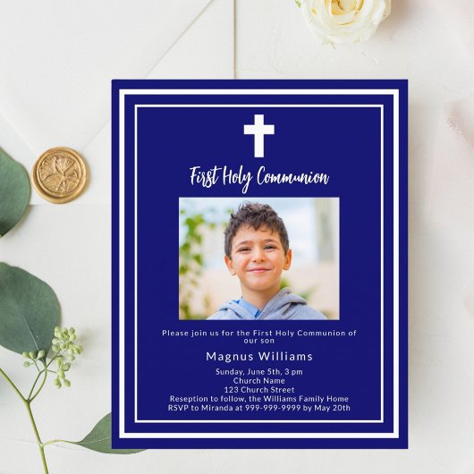 Papier Photo bleu marine Première communion invitation