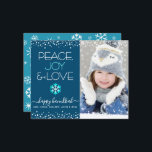 Papier Photo Budget Hanoukka Peace Love Snowflake Card<br><div class="desc">"Paix, joie et amour." Une illustration amusante, ludique, bleu turquoise et blanc de flocon de neige, des points de confettis blancs, et une typographie moderne turquoise et blanche sur un arrière - plan bleu marine, avec la photo personnalisée de votre choix, vous aider à ouvrir la saison Hanoukka. Un motif...</div>