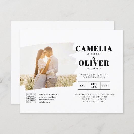 Papier PHOTO BUDGET QR CODE Mariage Inviter RSVP Détails (Devant / Derrière)
