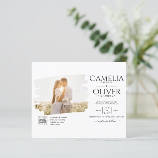 Papier PHOTO BUDGET QR CODE Mariage Inviter RSVP Détails (Debout devant)