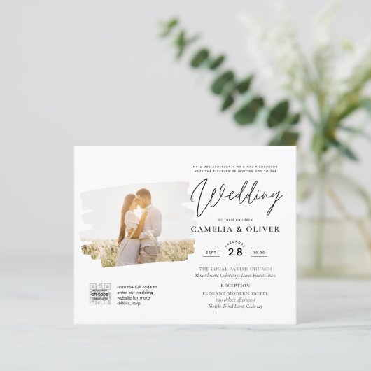 Papier PHOTO BUDGET QR CODE Mariage Inviter RSVP Détails (Debout devant)