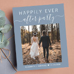 Papier Photo Dusty Blue Wedding Réception Invitation<br><div class="desc">Étage bleu poussiéreux et économique ou petite faire-part mariage et accueil. Le devant présente votre photo de jour de mariage et "Happily Ever After Party" dans la typographie blanche moderne et script blanc tendance avec des swashes. Ajoutez vos prénoms et votre date de mariage. Au verso, vous pouvez personnaliser votre...</div>