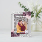 Papier Photo florale bordeaux argenté Enregistrer la date (Debout devant)