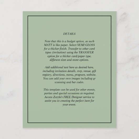 Papier PHOTO Mariage BUDGET OVERLAY Sage Monochrome (Dos)