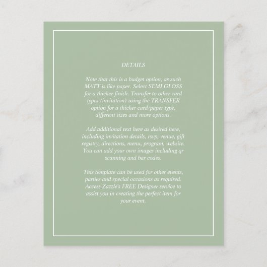 Papier PHOTO Mariage BUDGET OVERLAY Sage Monochrome (Dos)