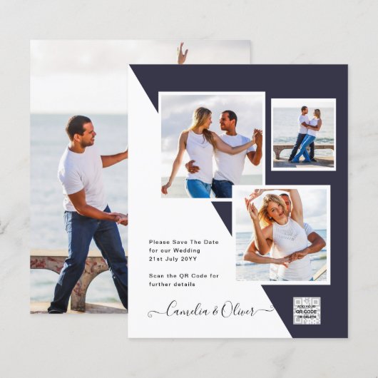 Papier PHOTO Mariage Inviter QR Code Enregistrer Date BLU (Devant / Derrière)