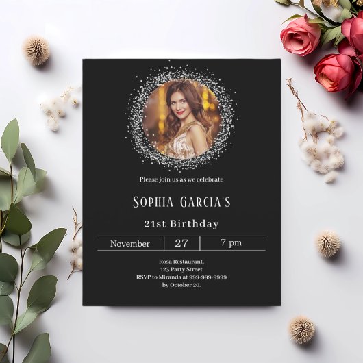 Papier Photo noire parties scintillant argent invitation