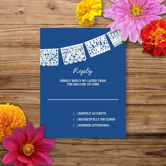 Papier Picado bleu | Carte RSVP de réponse Mariage