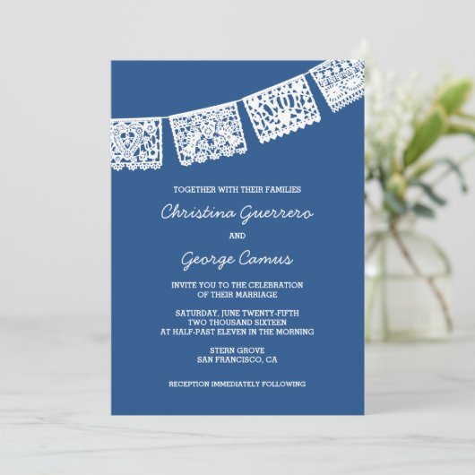 Papier Picado bleu | FAIRE-PART DE MARIAGE (Debout devant)